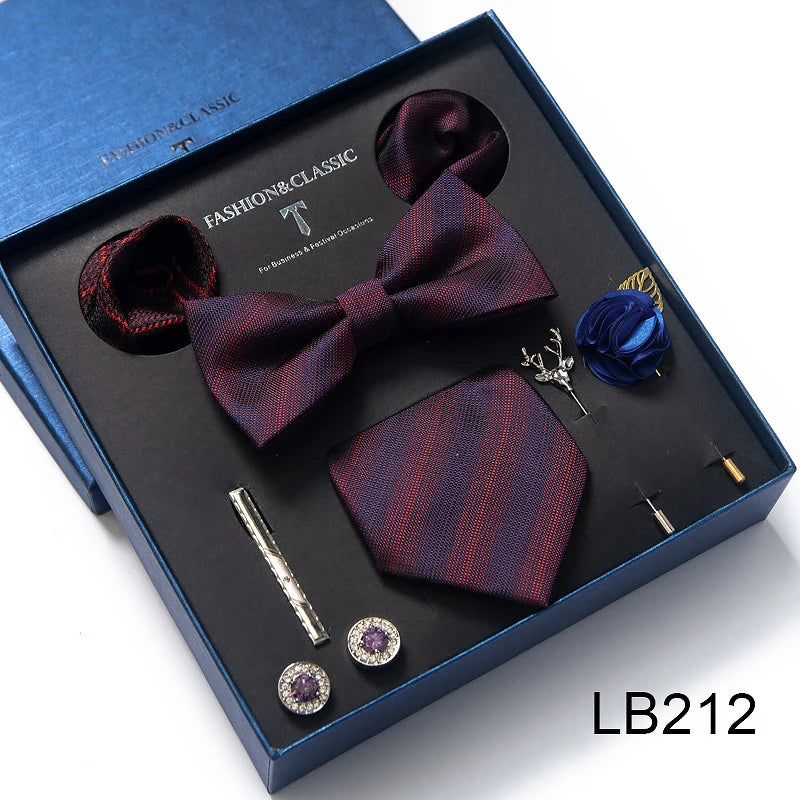 Luxury Bowtie 8 Pcs Tie Set Necktie, Bowtie, 2 Brooches, 2 Cufflinks, and 2 Pocket square