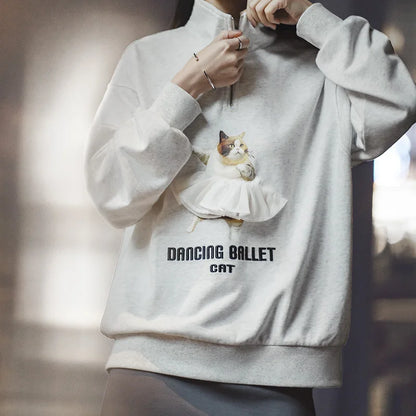 Dancing Ballet Cat Cotton Light Gray Sweatshirt