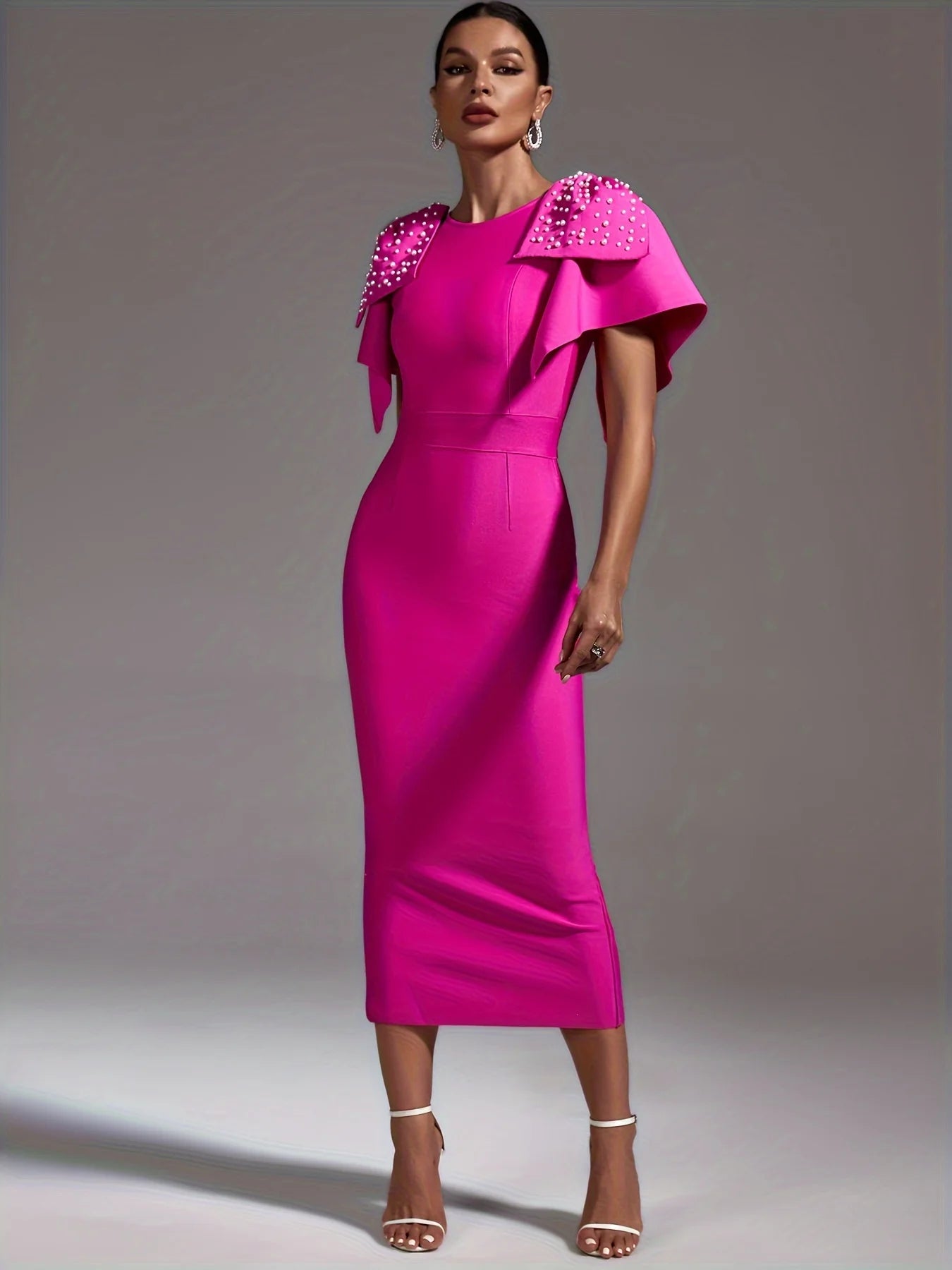 Crew Neckline Maxi Fuchsia Butterfly Sleeves Pearl Details Dress