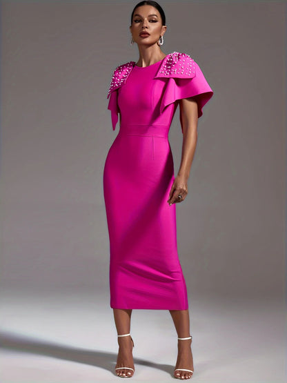 Crew Neckline Maxi Fuchsia Butterfly Sleeves Pearl Details Dress