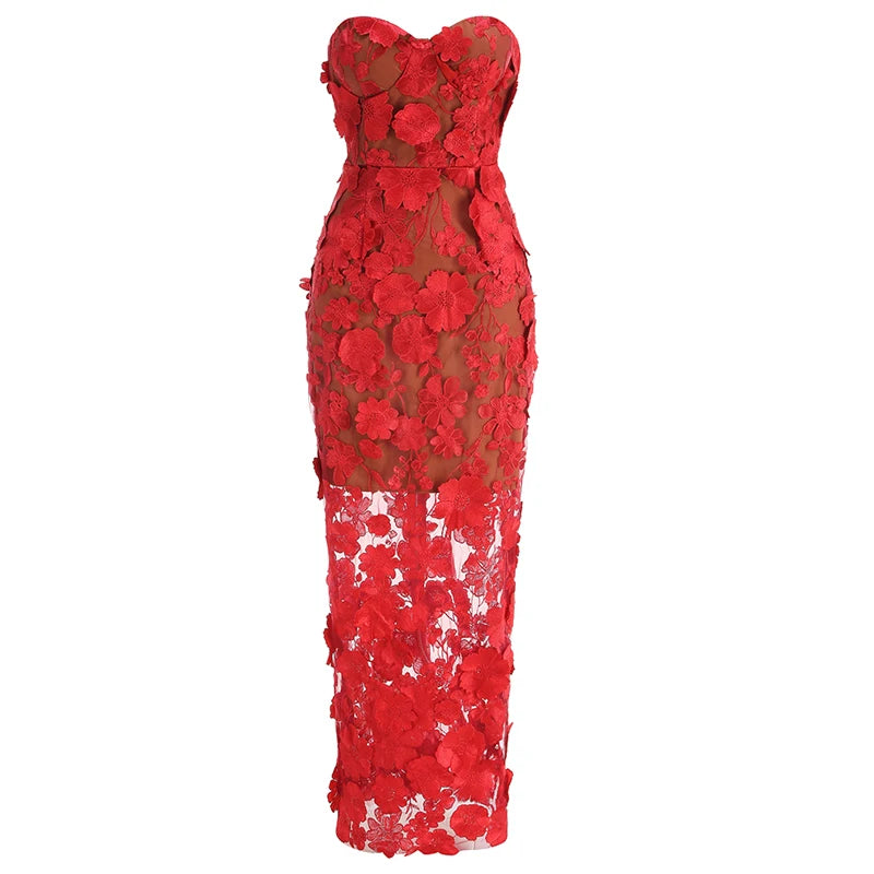 Strapless Embroidered Floral Long Dress
