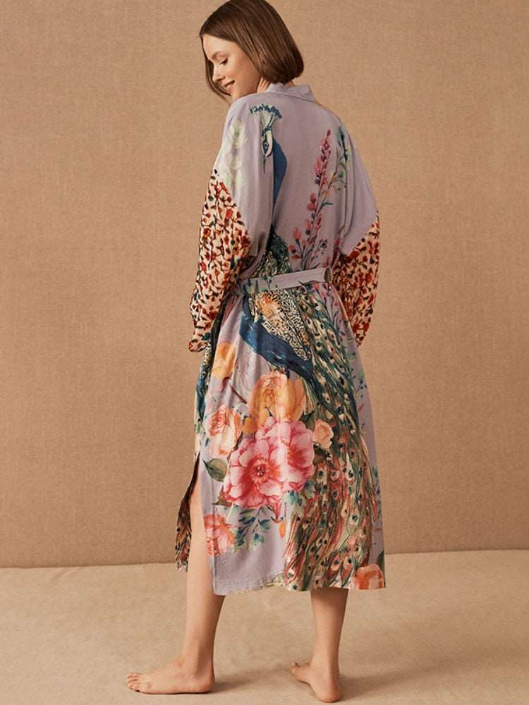 Beach Kimono Peacock Printed Swimsuit Cover Up