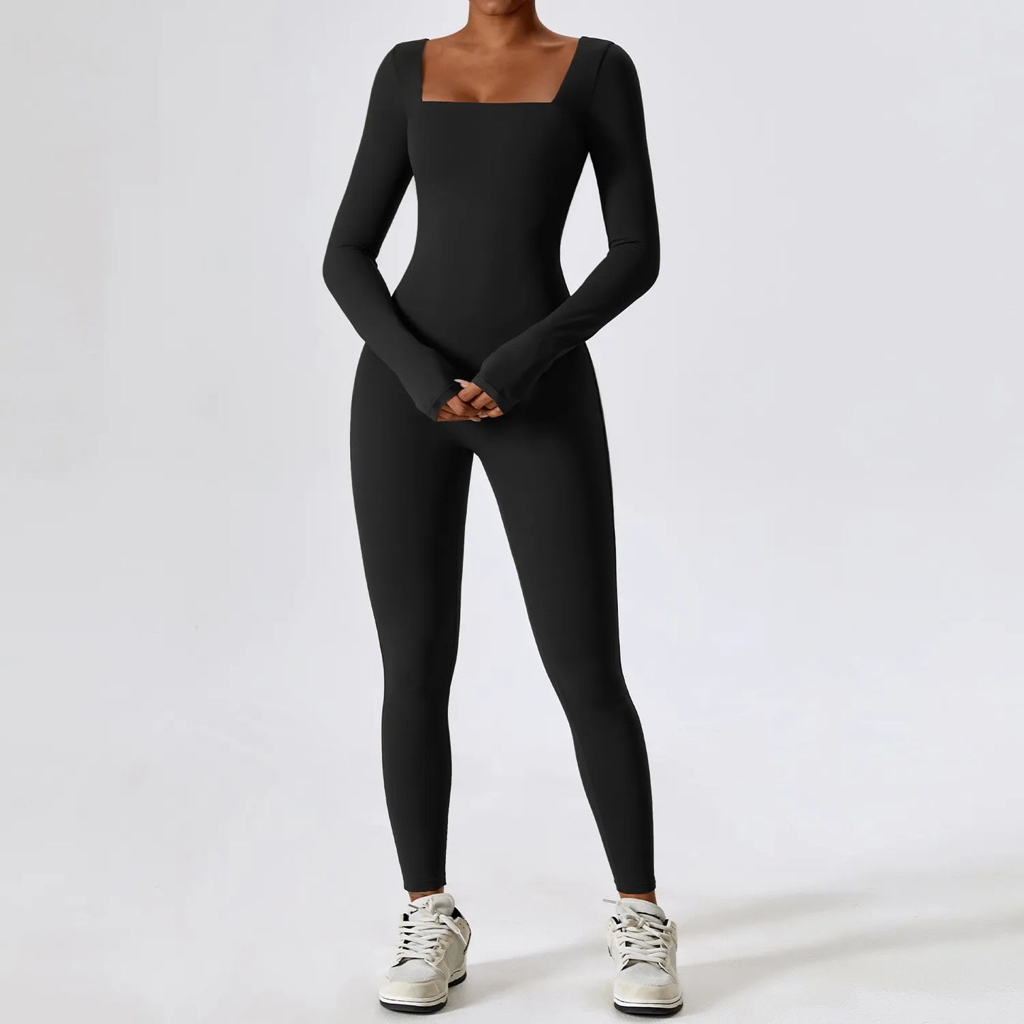 Square Neckline Long Sleeve Skinny Leg Jumpsuit