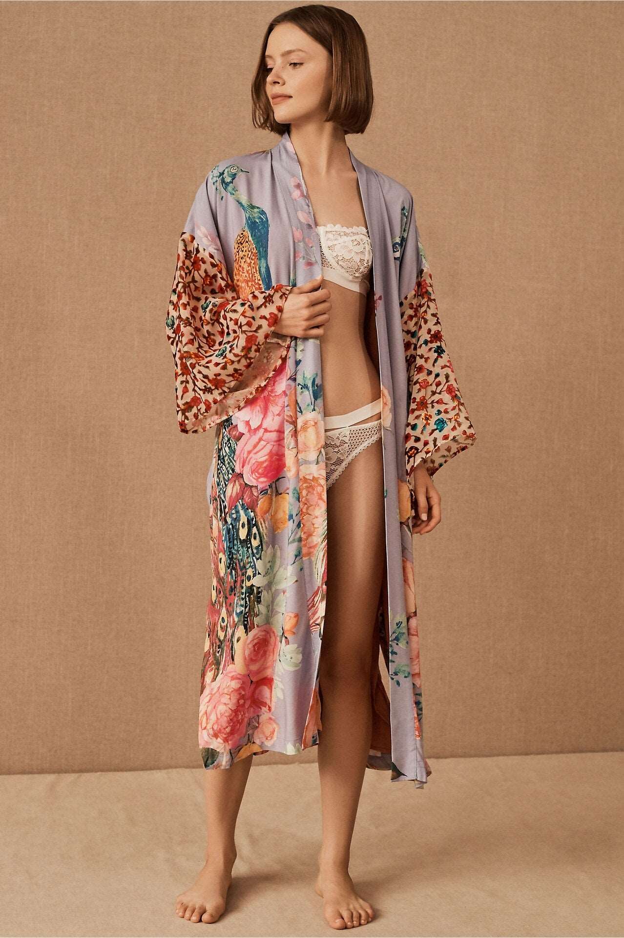 Beach Kimono Peacock Printed Swimsuit Cover Up