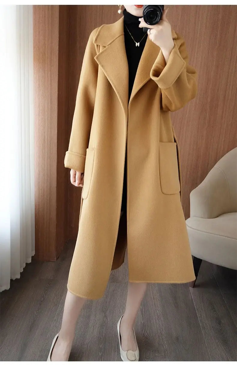 100% Cashmere-Wool Blend Belted Long Overcoat