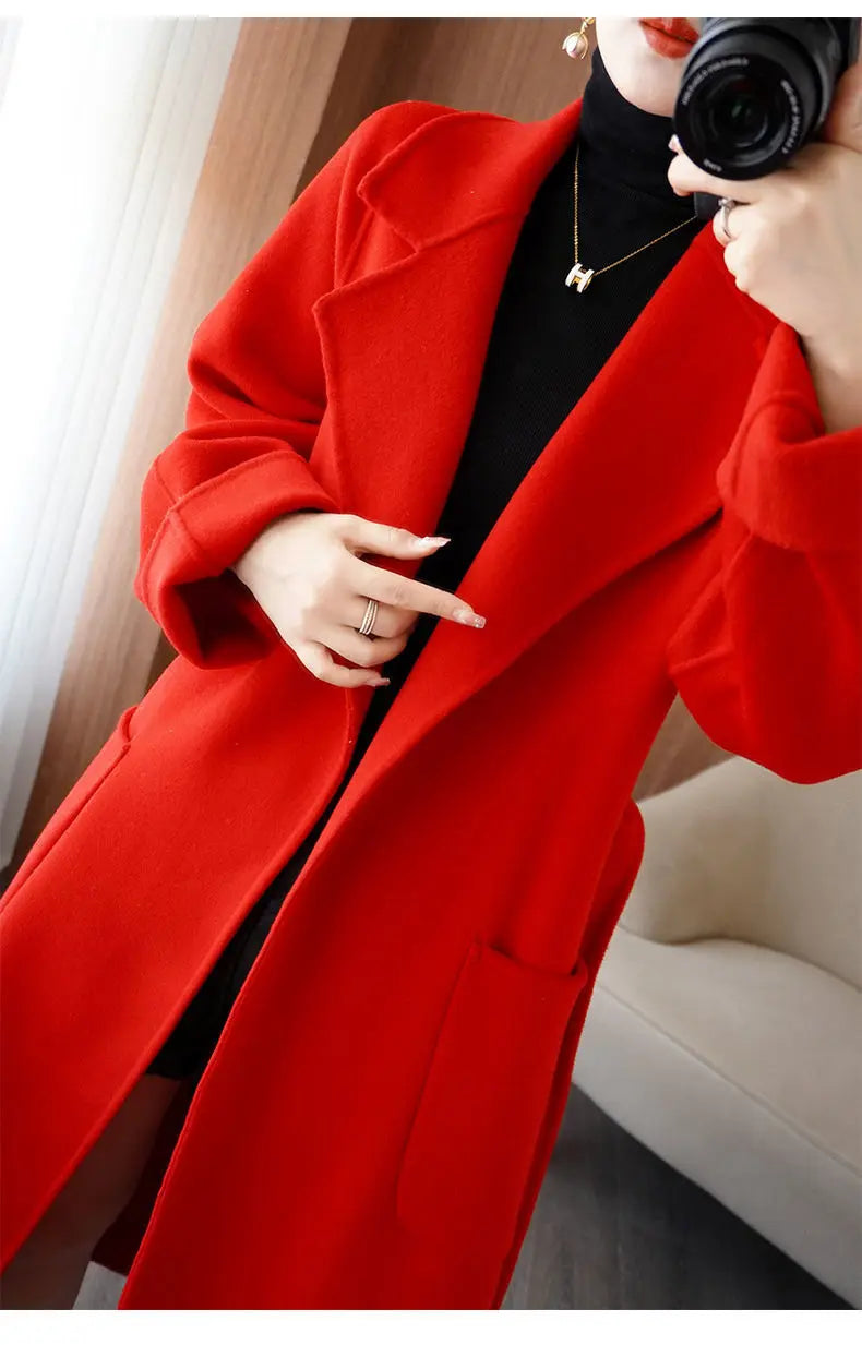 100% Cashmere-Wool Blend Belted Long Overcoat