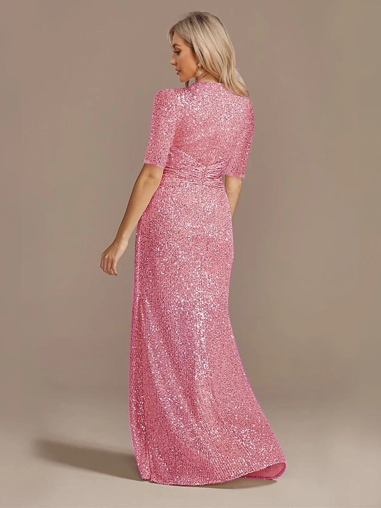 Short Sleeve V-Neckline Floor Length Evening Dress - Sequin Mother of the Bride Dress