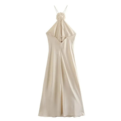 Backless Flower Halter Neckline Satin Dress