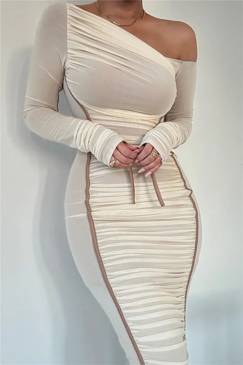 Long Sleeves Two Layer Mesh Midi Bodycon Dress