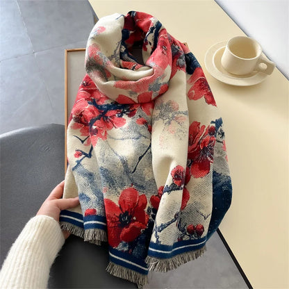 Luxury Floral Cashmere Double-Sided Pashmina Scarf