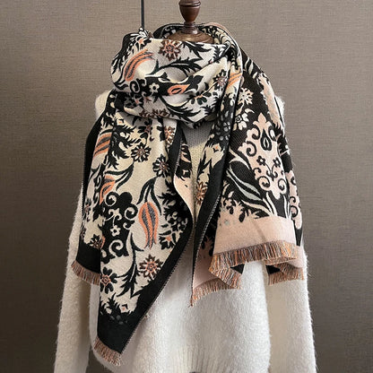 Double-Sided Tulip Flower Print Cashmere Pashmina Scarf