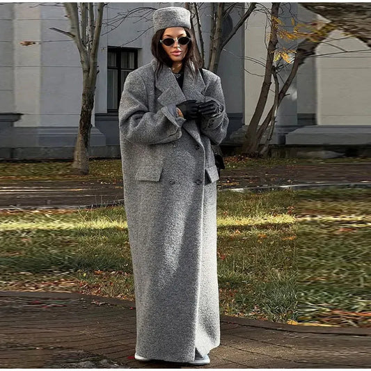 Very Long Oversize Gray Double Breasted Coat