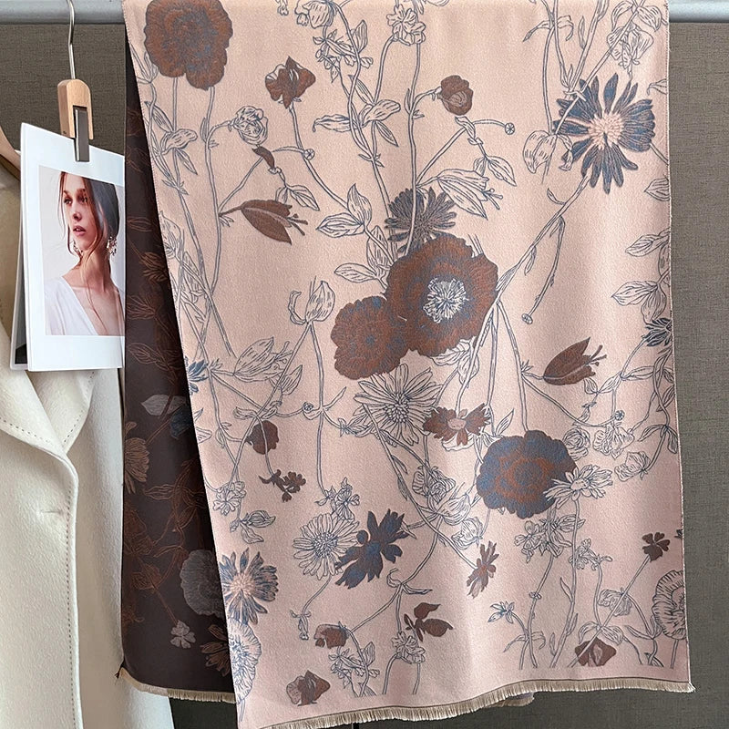 Poppy Flower Print Cashmere Scarf 180* 65 CM Double-Sided Scarf