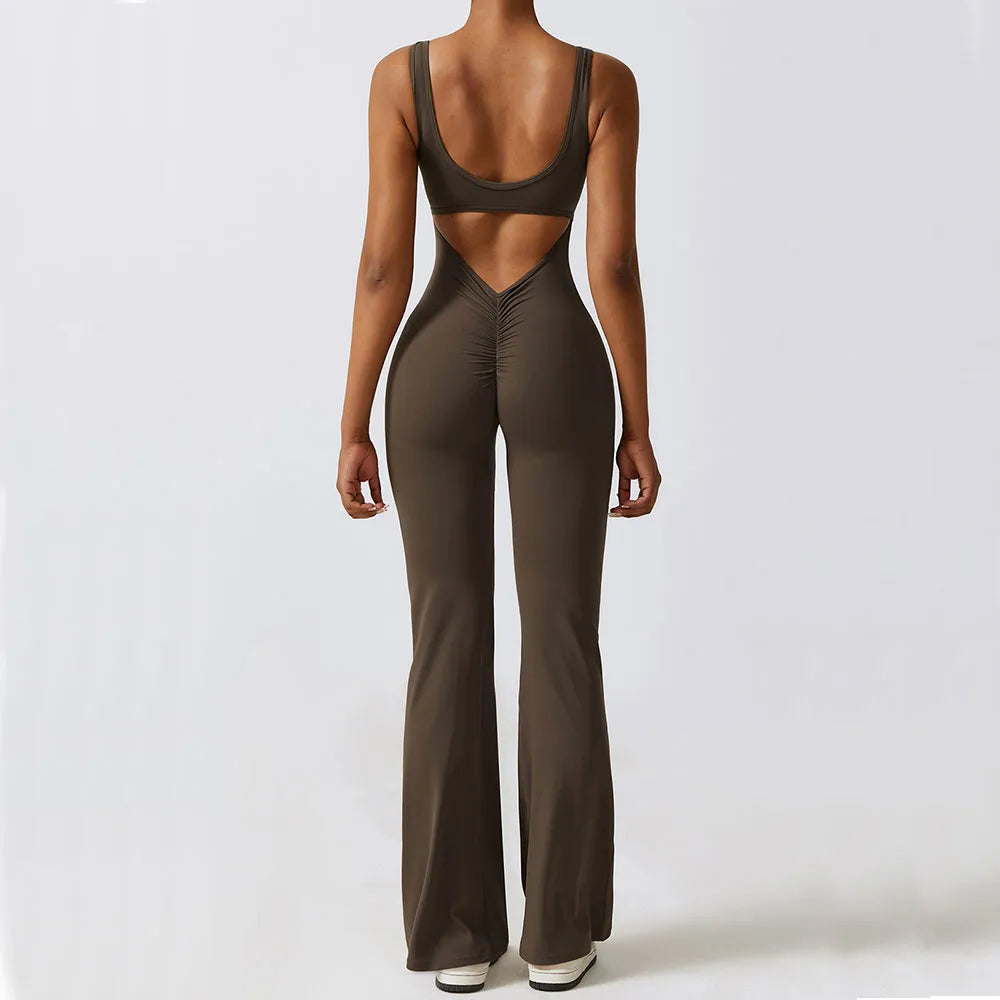 Yoga Wide Neckline Wide Leg Back Cut-Out Jumpsuit Workout Bodysuit