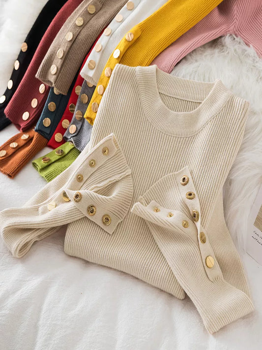 Round Neckline Button Sleeve Sweater