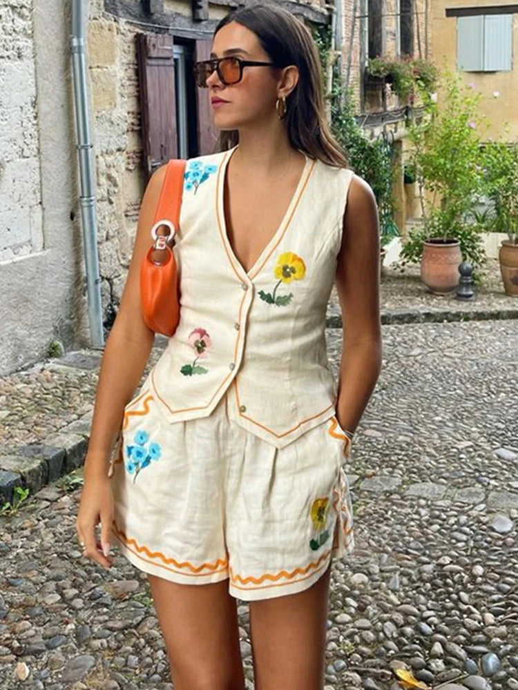 Flower Embroidery Loose Shorts and Vest Sets