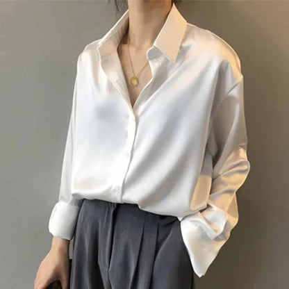 Long Sleeve Button Up Silk Like Blouse Shirt