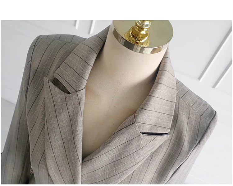 Women’s Khaki Striped Slim-Fit Suit – Tailored Blazer with Foldable Cuffs