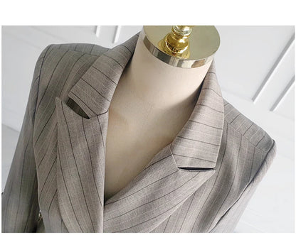 Women’s Khaki Striped Slim-Fit Suit – Tailored Blazer with Foldable Cuffs