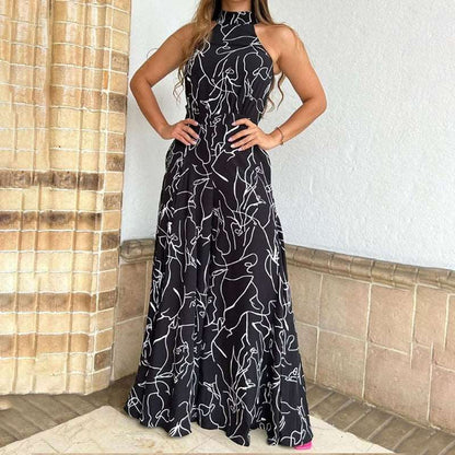 Halter Neckline High Waist Very Wide Leg Printed Jumpsuit