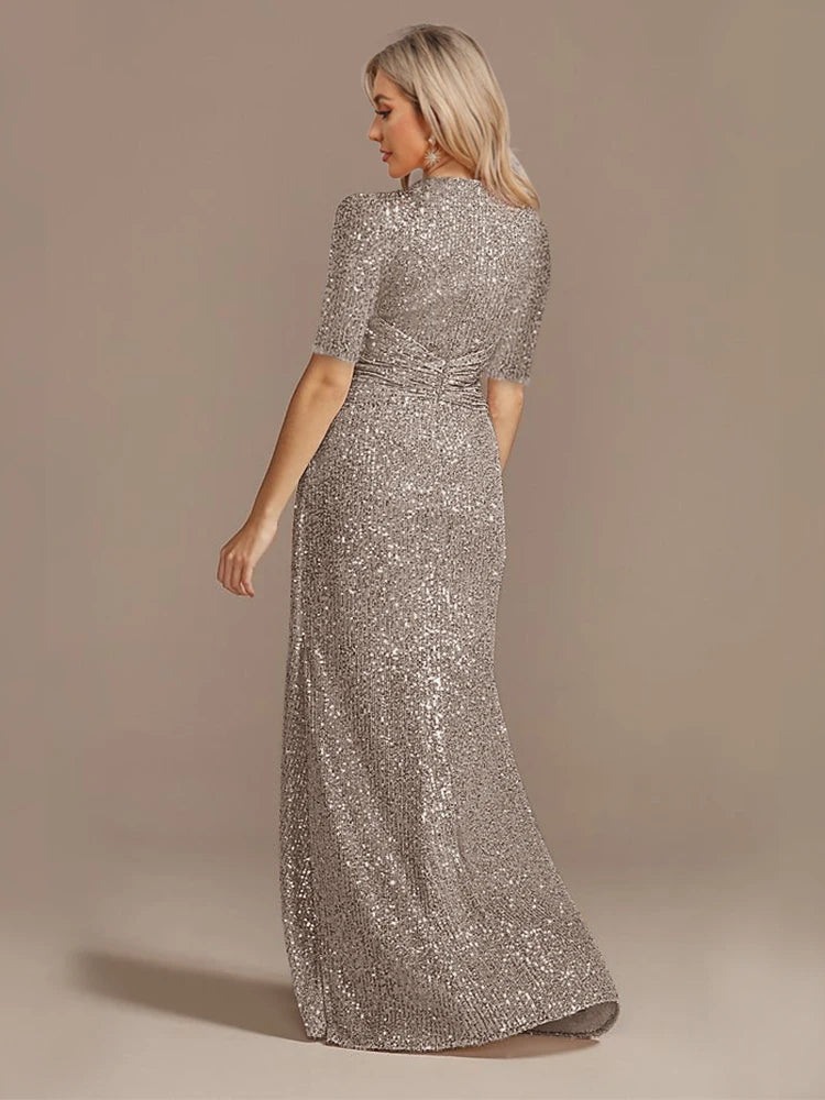 Short Sleeve V-Neckline Floor Length Evening Dress - Sequin Mother of the Bride Dress