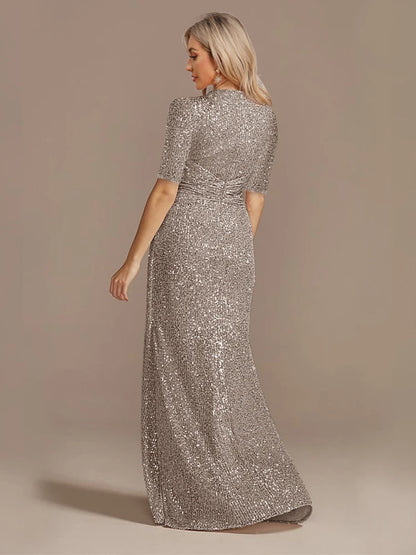 Short Sleeve V-Neckline Floor Length Evening Dress - Sequin Mother of the Bride Dress