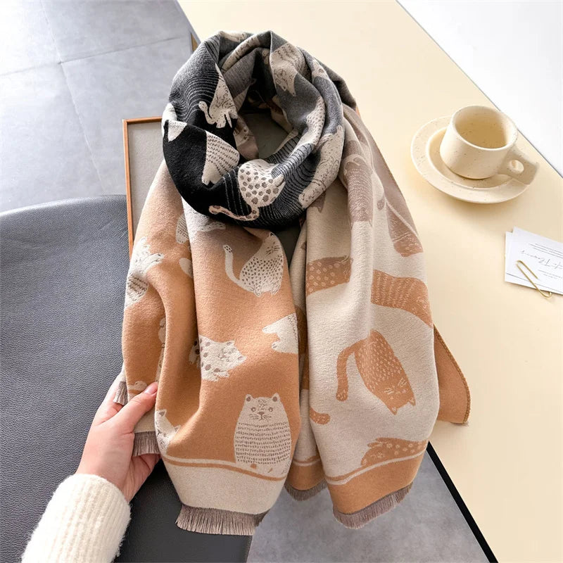 Cats Print Cashmere Double-Sided Pashmina Scarf Cat Lovers Christmas Gift