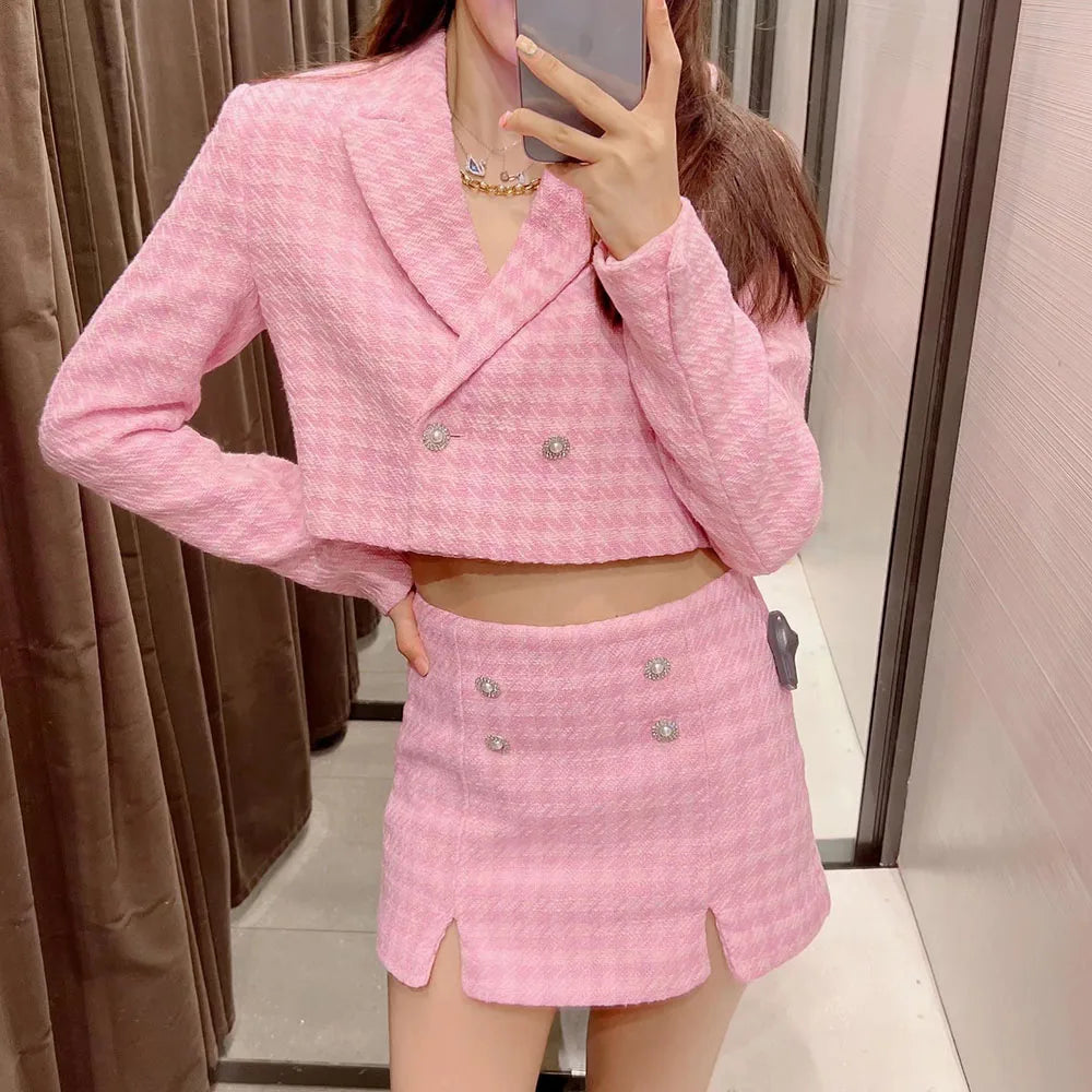 Cropped Coat and Mini Skort Tweed Pink Suit