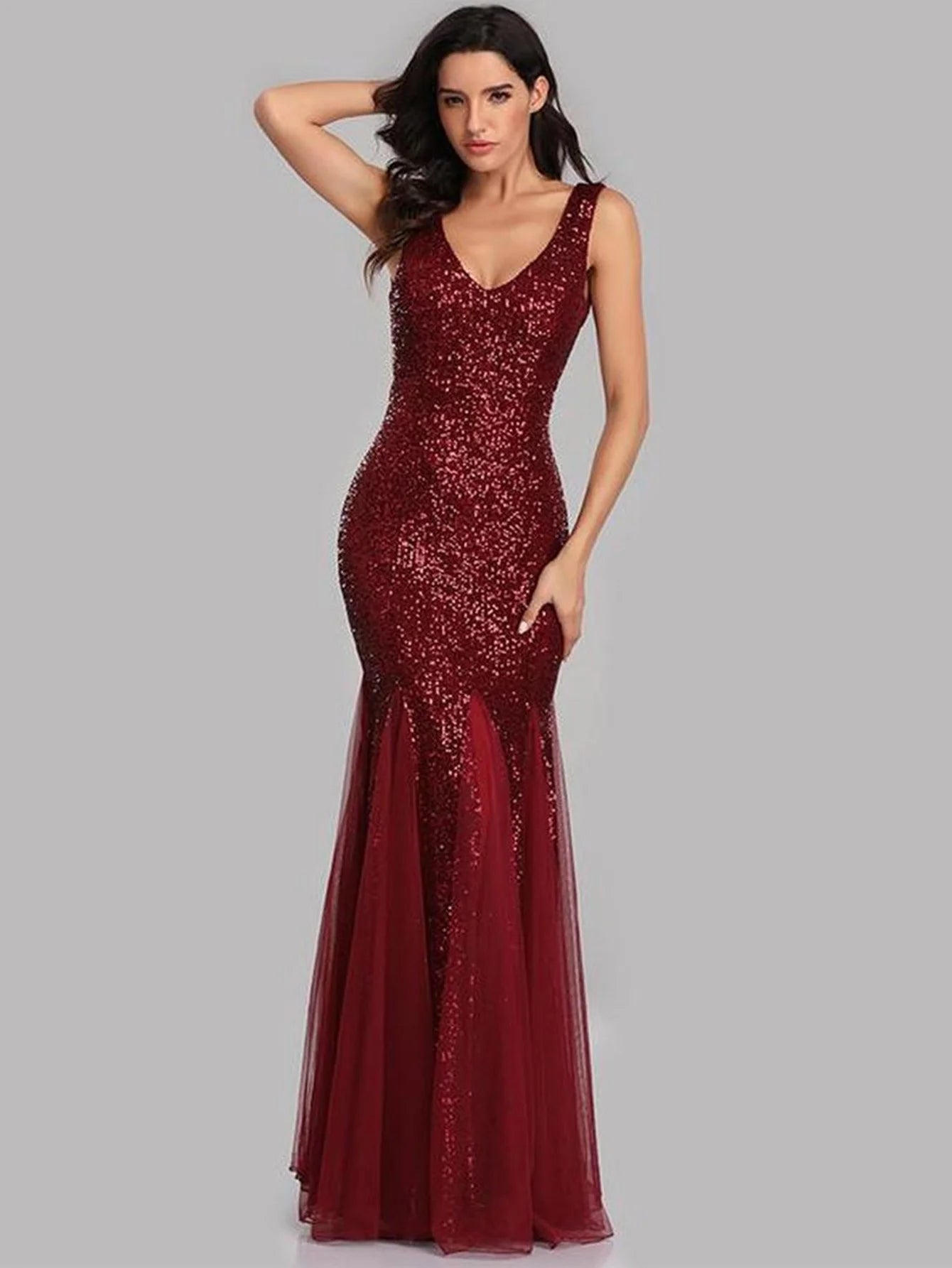 Sleeveless V Neckline Sequin Evening Dress