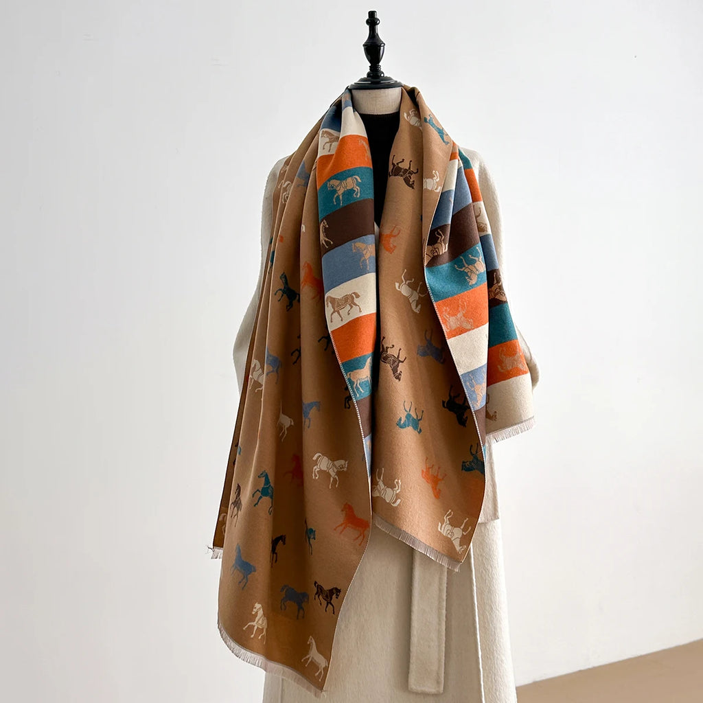 Horse Print Winter Scarf Cashmere Feel Pashmina