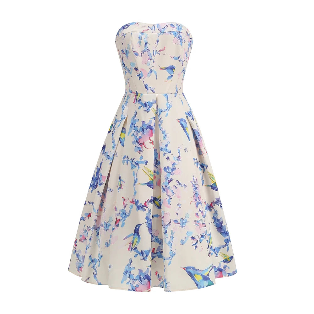 Strapless Floral Print A-Line Dress