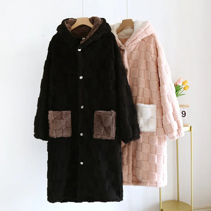 Winter Hoodied Couples Sleeping Robe - Flannel Thicke Home Robe