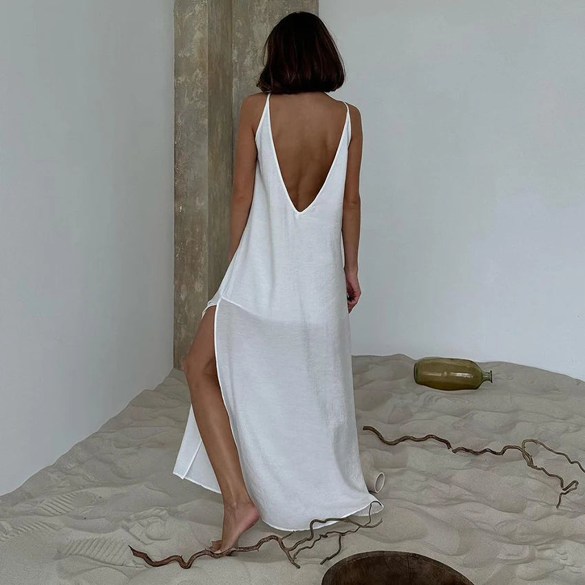 Lined Casual Long Back Deep V Dress