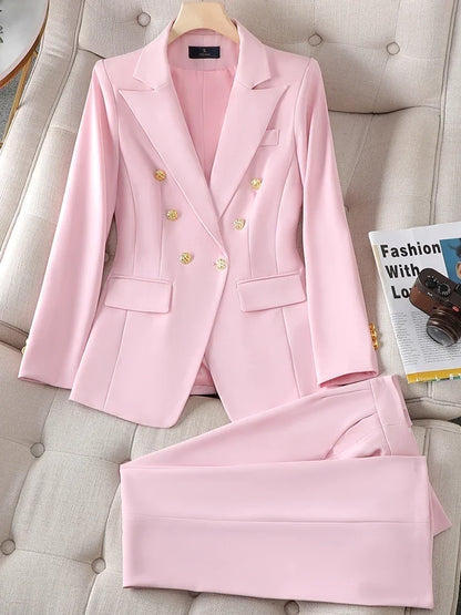 Gold Button Decoration Formal Blazer and Trouser Suit