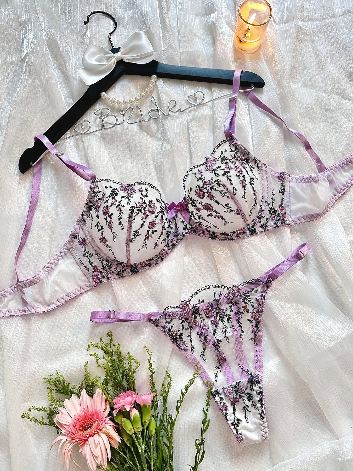 Lace Flowers Embroidery Lingerie Set - Lace Bra & Brief Underwear Set