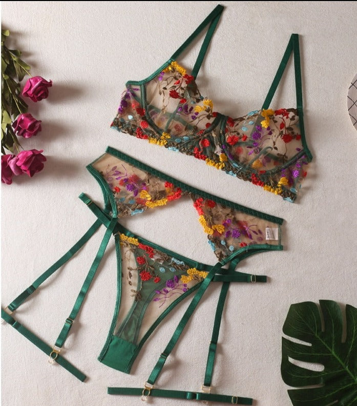 Floral Embroidery Lace 3-Piece Lingerie Set