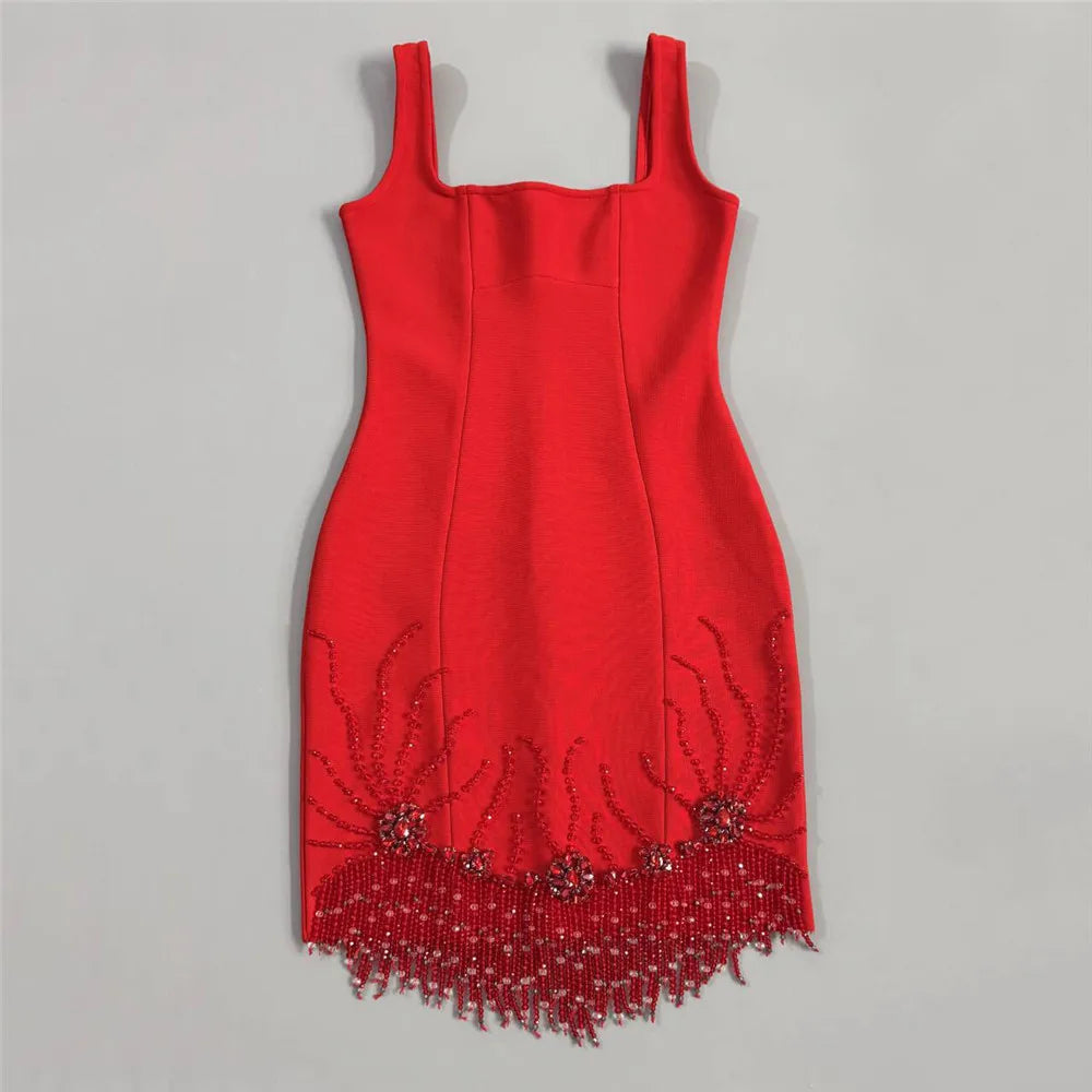 Beaded Tassel Square-Neck Mini Bandage Dress