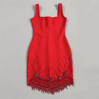 Beaded Tassel Square-Neck Mini Bandage Dress