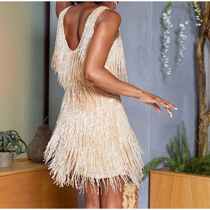 Spaghetti Straps Sequin Tassel and Feather Mini Dress