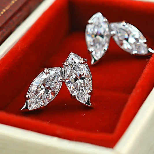 Double Leaf Design Moissanite Stud Earrings - 4 Carat Marquise Cut Earrings