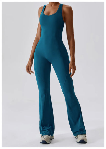 V Neckline Back Cut Out Flare Workout Jumpsuit