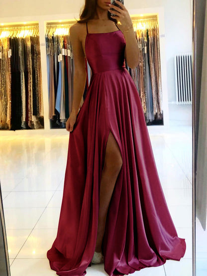 Spaghetti Straps Backless Long Satin Dresses - Bridesmaids Dress