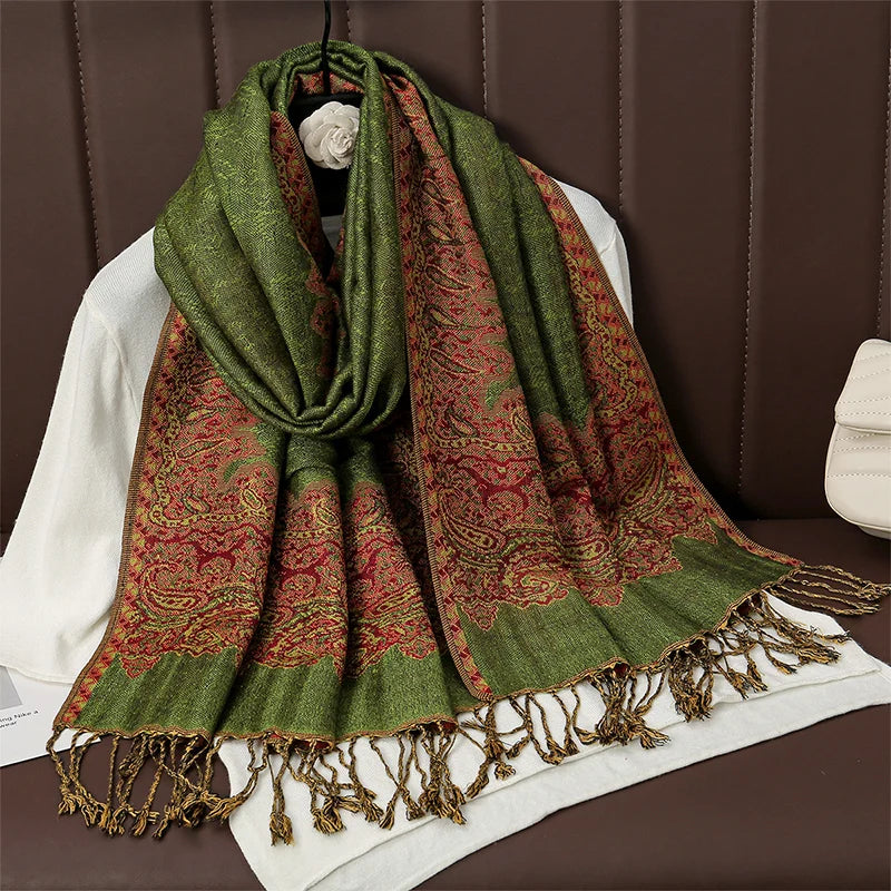 Pashmina Scarf Shawl – Paisley Hot Pink & Green – Silk Cashmere Blend – Soft Luxe Wrap
