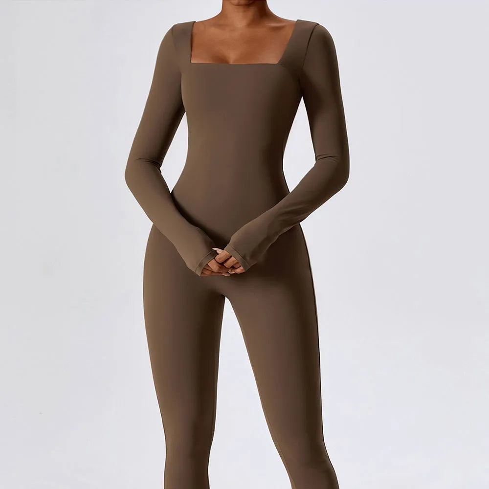 Square Neckline Long Sleeve Skinny Leg Jumpsuit