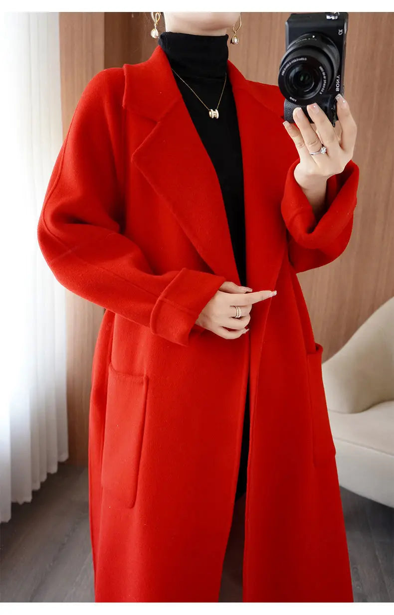 100% Cashmere-Wool Blend Belted Long Overcoat