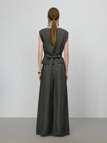 Linen Two-Piece Pants Suit – Sleeveless Top & Wide-Leg Trousers