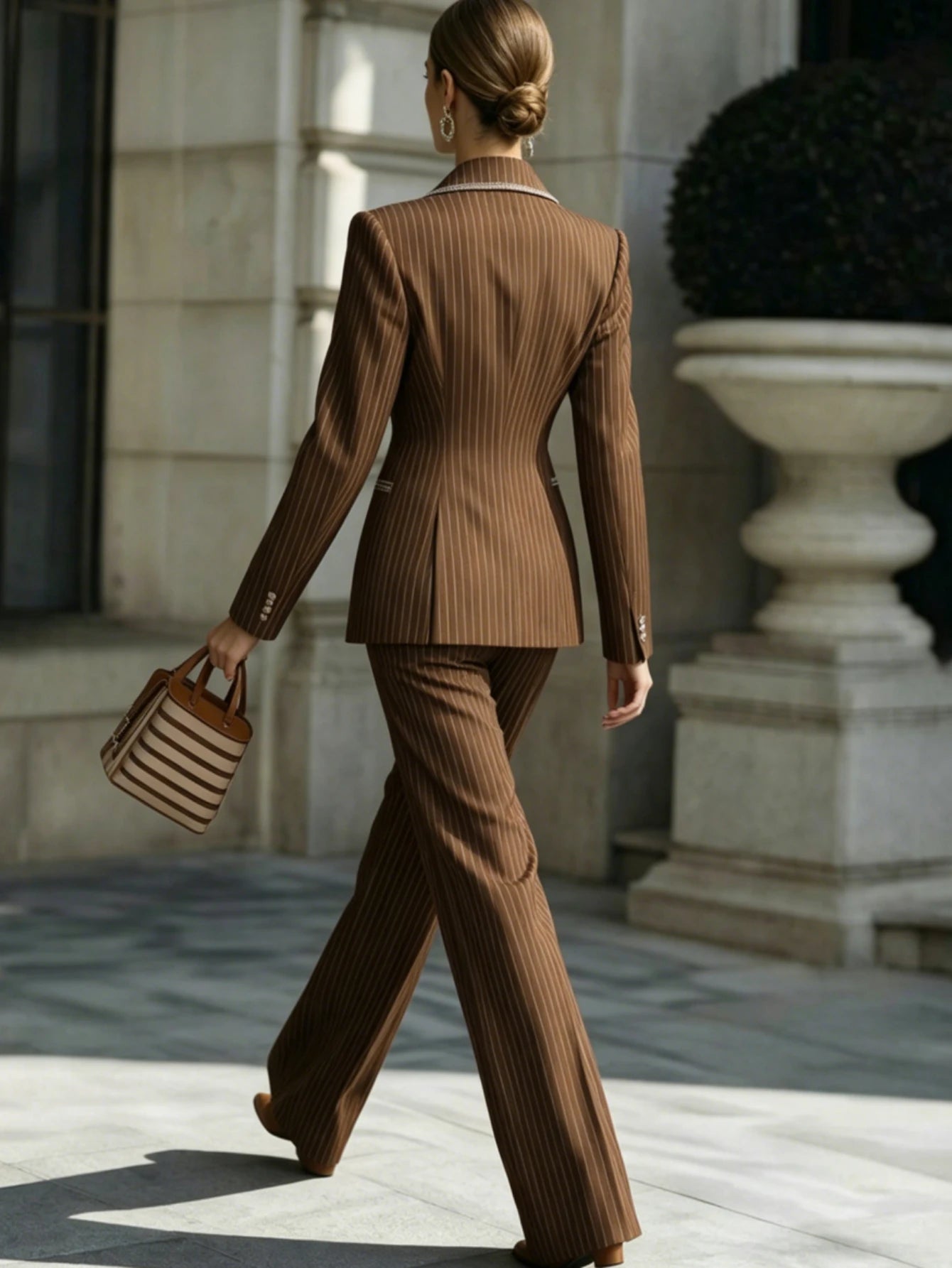 Striped Double Breasted Blazer And Wide Leg Pants Formal Suit