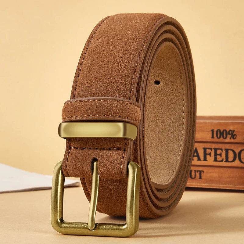 100% Suede Leather Belt for Women & Men with Gold Buckle