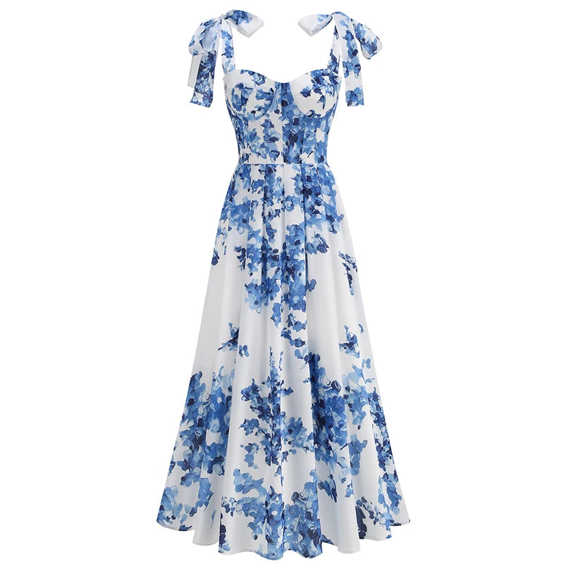 Corset Floral A-Line Dress with Wide Bow Straps