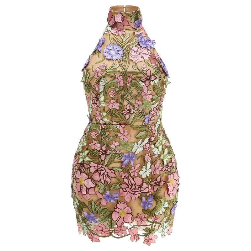 Floral Embroidery Halter Neckline Mini Dress